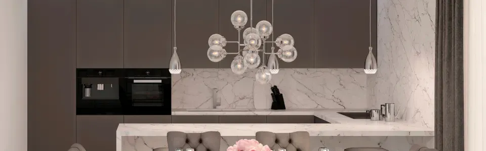 photo of a statement chandelier over kitchen island